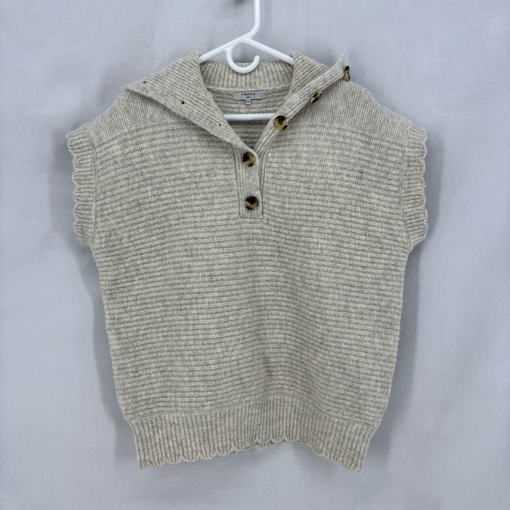 Frnch Paris Anthropologie Hooded Knit Sleeveless Sweater Oatmeal Button Wool